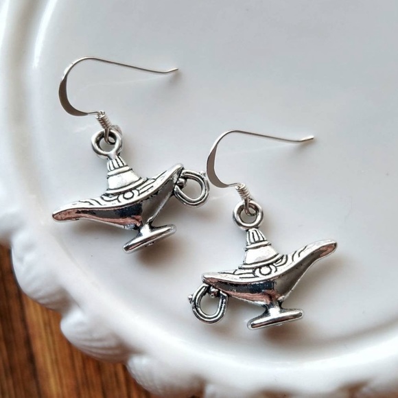NWOT Sterling Silver 925 Antiqued Magic Genie Lamp Dangle Hook Earrings - Picture 4 of 5